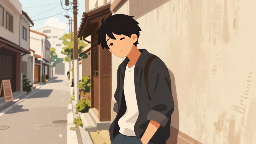 Illustration%20of%20a person leaning against a wall with a relaxed expression, casual street scene in Kansai, warm tones, illustrated style