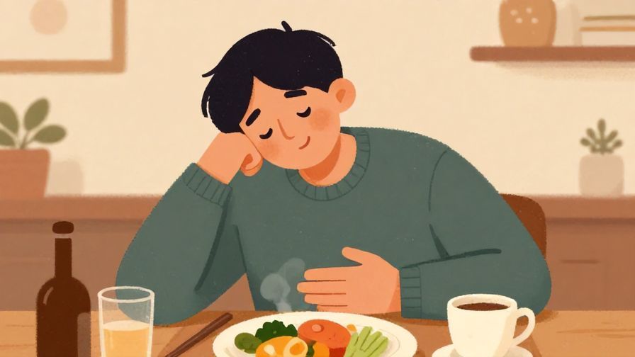 Illustration%20of%20a person leaning back contentedly after a meal, hands on stomach with a satisfied smile, cozy indoor setting with warm lighting.