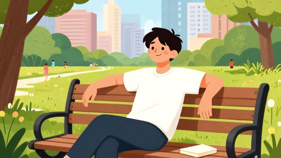 Illustration%20of%20a person leaning back relaxed on a bench, smiling with a resigned but happy expression, city park background, vibrant colors, illustrated style