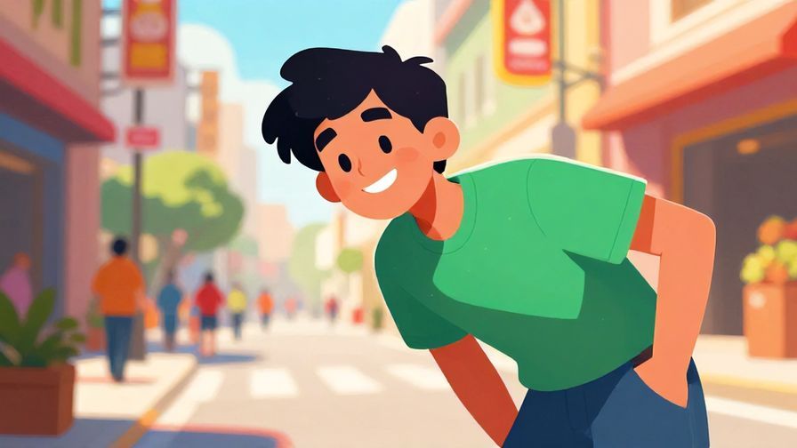 Illustration%20of%20a person leaning forward with a teasing grin, bright outdoor street scene, lively colors and dynamic composition