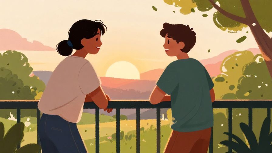 Illustration%20of%20a person leaning on a fence talking to a friend with soft sunset lighting and relaxed mood, vibrant colors, illustrated style