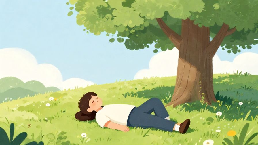 Illustration%20of%20a person leisurely lying on a grassy hill under a big tree, eyes closed, peaceful expression, illustrated style