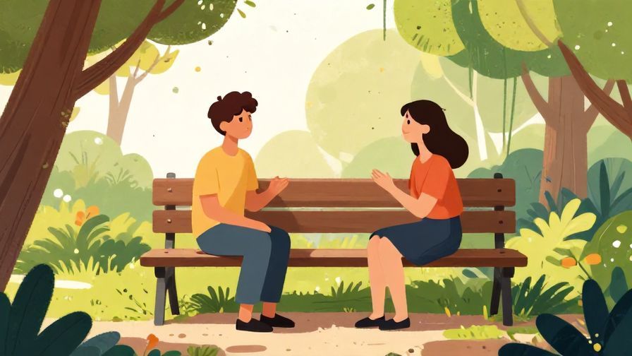 Illustration%20of%20a person listening attentively to another, sitting on a bench surrounded by trees and soft sunlight, vibrant colors, illustrated style