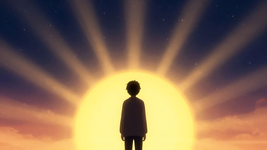 Illustration%20of%20a person looking ahead into a glowing horizon with sun rays and stars illuminating the sky