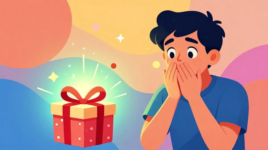 Illustration%20of%20a person looking amazed, hands covering their mouth, with a glowing surprise box in front of them, vibrant colors, illustrated style