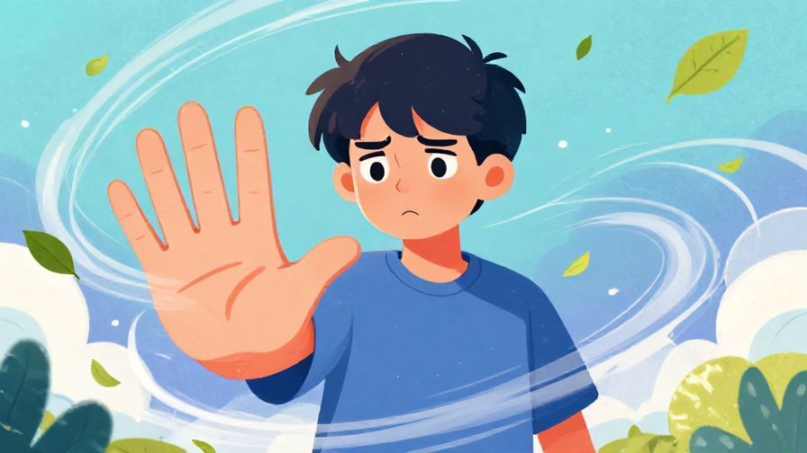 Illustration%20of%20a person looking annoyed, holding up a hand to stop someone, with swirling wind and floating leaves background, vibrant colors, illustrated style