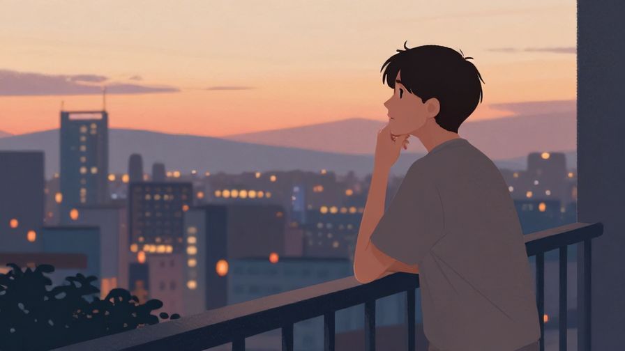 Illustration%20of%20a person looking at a cityscape thoughtfully from a balcony at sunset, calm mood, illustrated style