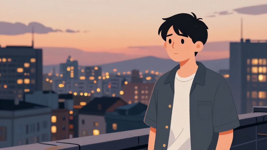 Illustration%20of%20a person looking at a cityscape from a rooftop at dusk, confused but calm expression, casual style, illustrated