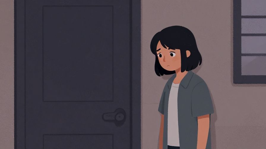 Illustration%20of%20a person looking at a closed door with a regretful expression, muted colors, evening setting, illustrated style