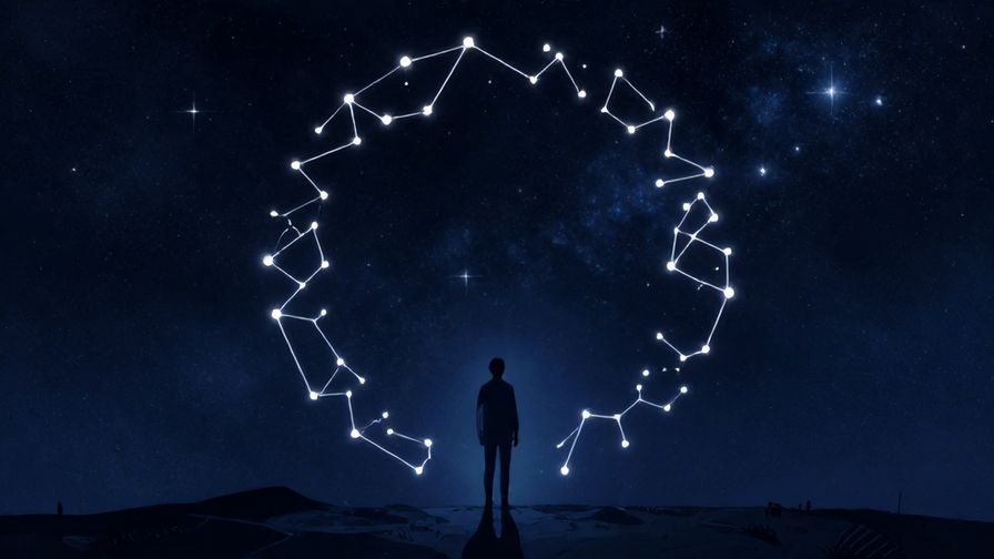 Illustration%20of%20a person looking at a cosmic starry sky%20with constellations forming a circle%2C%20illustrated%20style