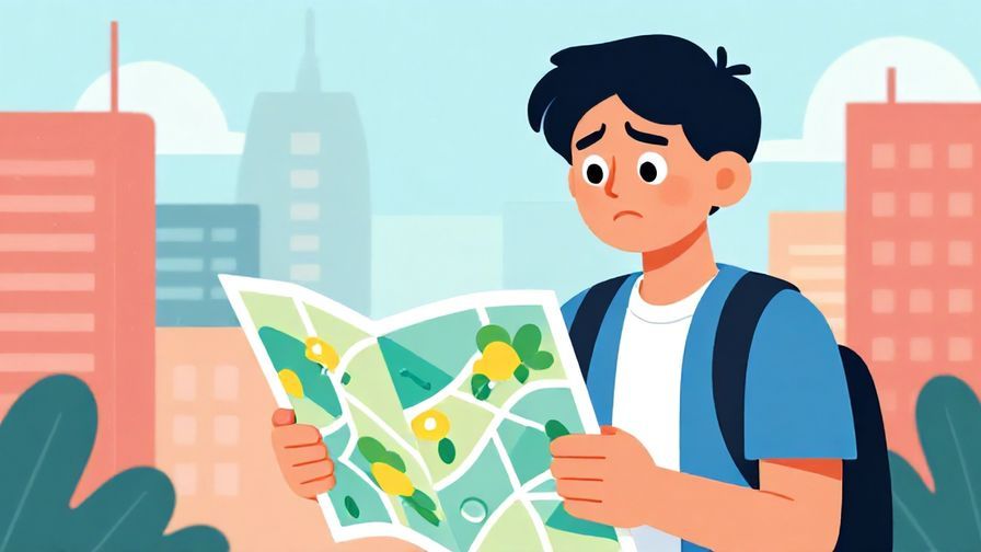 Illustration%20of%20a person looking at a map with a confused expression, cityscape background, vibrant colors, illustrated style