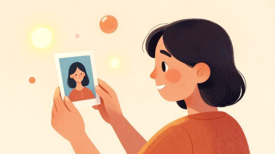 Illustration%20of%20a person looking at a photo with a soft smile, surrounded by floating glowing orbs, warm colors, illustrated style