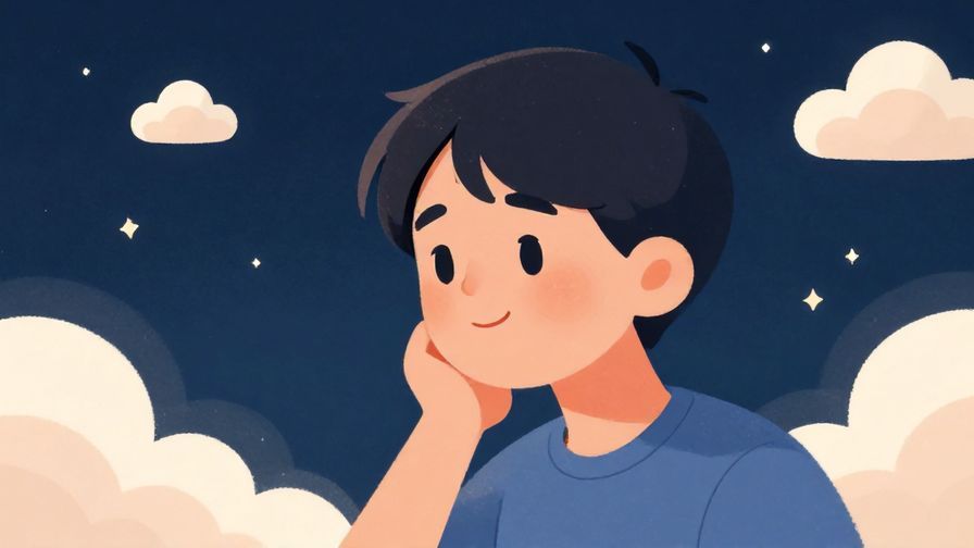 Illustration%20of%20a person looking at a scene thoughtfully with a slight smile, soft floating clouds and stars in the background, illustrated style