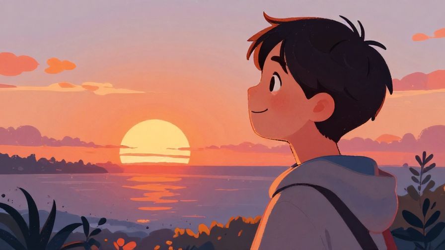 Illustration%20of%20a person looking at a sunset with a hopeful smile, detailed background, vibrant colors, illustrated style