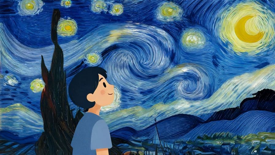 Illustration%20of%20a person looking at the starry night sky smiling%2C%20peaceful%20evening%20scene%2C%20vibrant%20colors%2C%20illustrated%20style