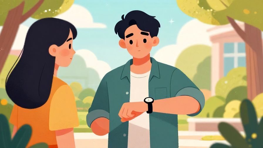 Illustration%20of%20a person looking at their watch while talking to a friend outside, sunny day, vibrant colors, illustrated style