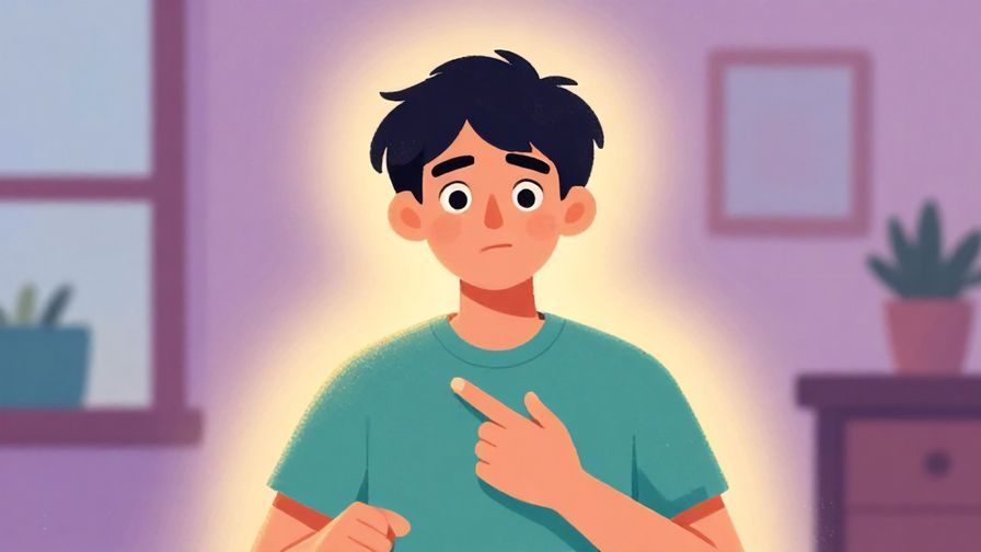 Illustration%20of%20a person looking cautious while lightly pointing at their own chest, surrounded by soft glowing aura, calm indoor background, vibrant colors, illustrated style