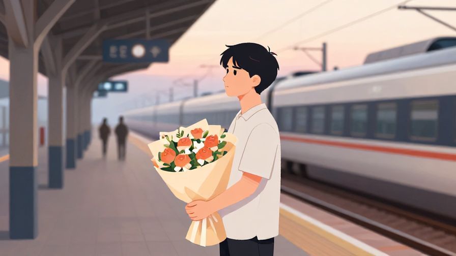 Illustration%20of%20a person looking determined while holding a bouquet, standing at a train station platform with soft evening light