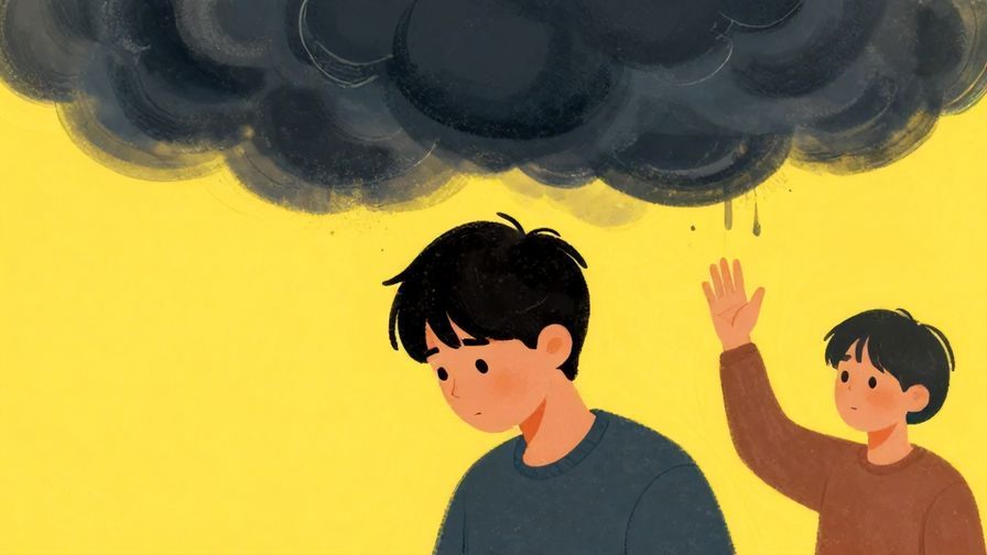 Illustration%20of%20a person looking downcast with a dark cloud above, while another friend waves a hand to disperse the cloud, bright colors, illustrated style