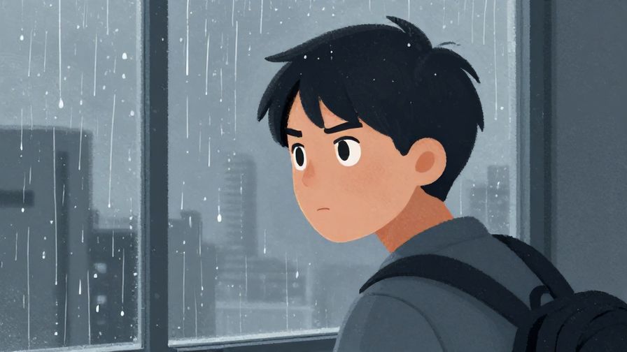 Illustration%20of%20a person looking out a rainy window with a determined expression, soft grey-blue tones, illustrated style