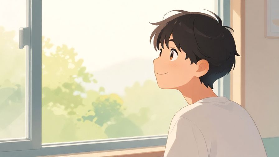 Illustration%20of%20a person looking out a window with a hopeful smile, soft natural light, calm pastel tones