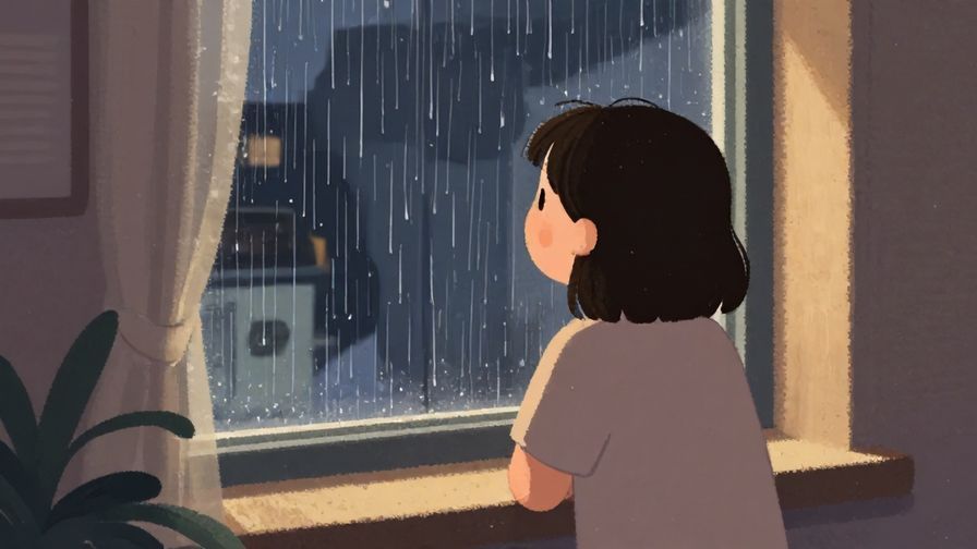 Illustration%20of%20a person looking out a window with rain falling, soft indoor lighting giving a warm feeling, illustrated style