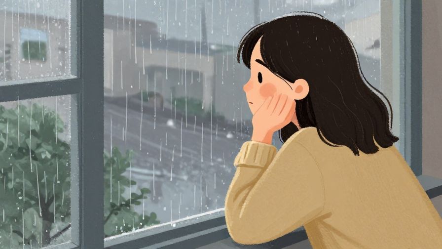 Illustration%20of%20a person looking out a window wistfully, rainy day outside, soft colors, illustrated style