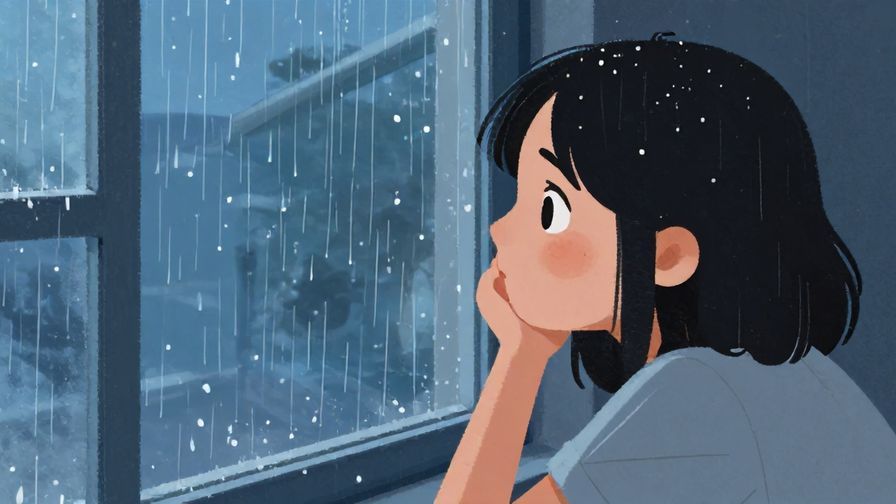 Illustration%20of%20a person looking out a window with a thoughtful expression, soft rain outside, calming blue tones, illustrated style