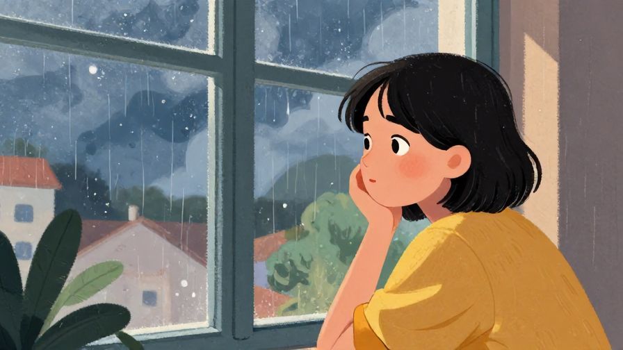 Illustration%20of%20a person looking out a window with changing weather outside, thoughtful expression, gentle and introspective mood, detailed background, vibrant colors, illustrated style