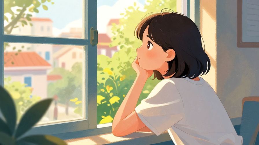 Illustration%20of%20a person looking out of a window thoughtfully with soft sunlight, detailed background, vibrant colors, illustrated style