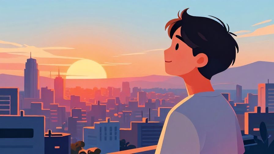 Illustration%20of%20a person looking out over a cityscape with a serene smile, sunset lighting, vibrant colors, illustrated style