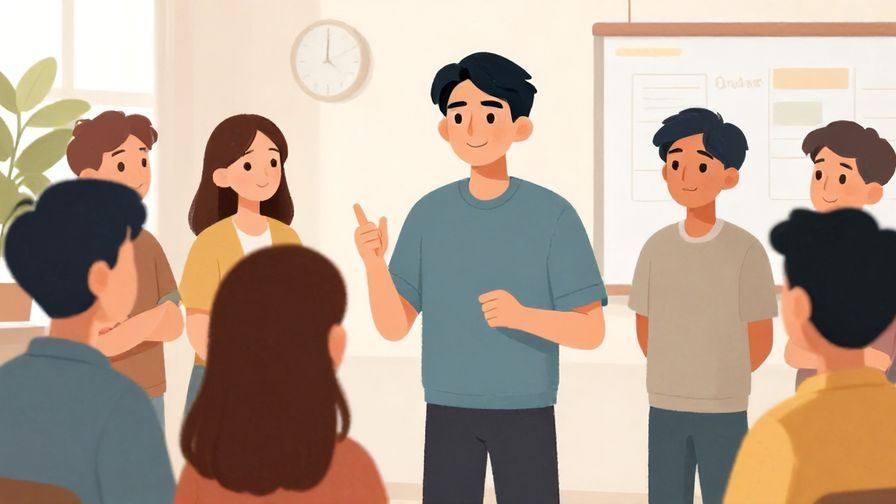 Illustration%20of%20a person looking serious but friendly, speaking to a small group in a relaxed setting, illustrated style