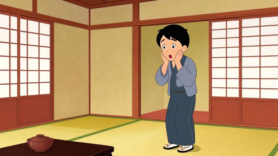 Illustration%20of%20a person looking shocked with hands on cheeks, standing in a traditional Japanese room, vibrant colors, illustrated style