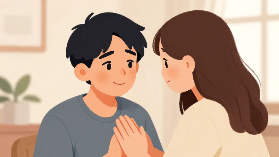 Illustration%20of%20a person looking slightly embarrassed but smiling softly, with a hand raised to gently refuse, soft indoor background, illustrated style