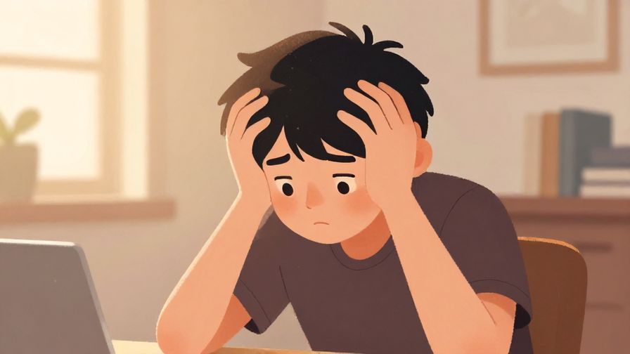 Illustration%20of%20a person looking stressed but calm, with hands on head, inside a cozy room, soft lighting, illustrated style