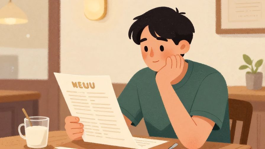 Illustration%20of%20a person looking thoughtful%20and casually asking to see the menu%20in a relaxed setting%2C warm colors%2C illustrated style