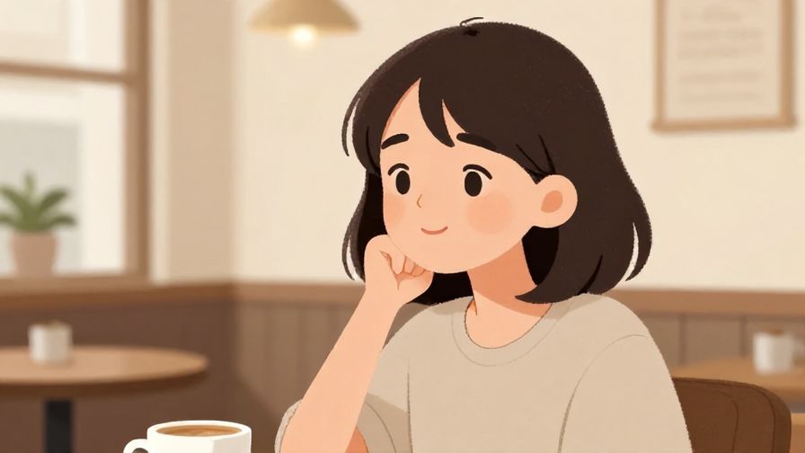 Illustration%20of%20a person looking thoughtfully, soft smile, coffee shop background, soft warm colors, illustrated style