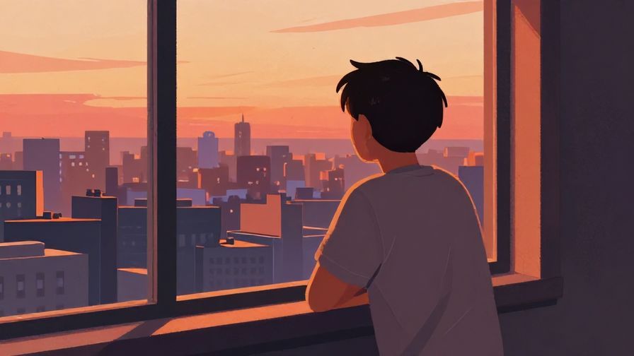 Illustration%20of%20a person looking thoughtfully at a cityscape from a high window, sunset lighting casting long shadows, illustrated style
