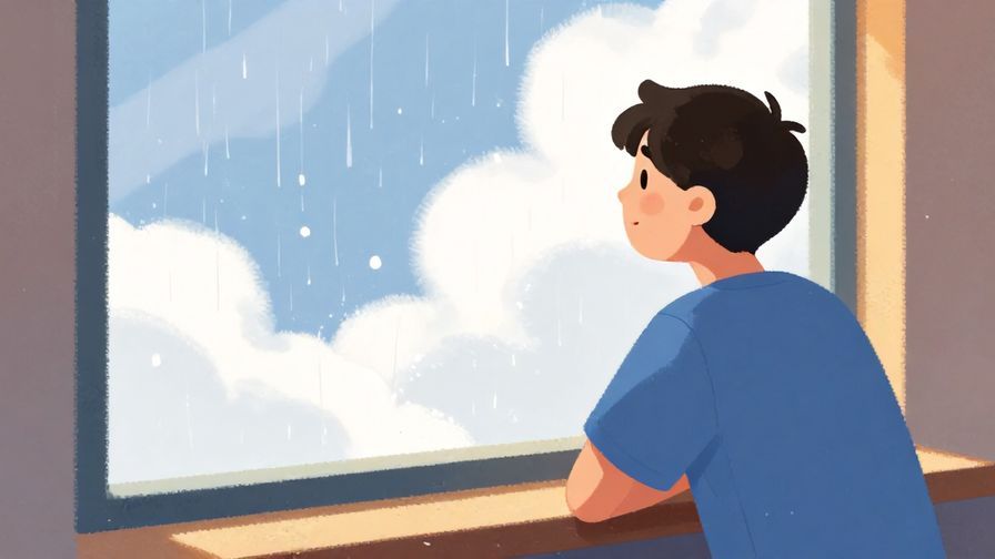 Illustration%20of%20a person looking thoughtfully out a window with a cloudy sky and soft rain drops, casual outfit, warm indoor lighting, vibrant colors, illustrated style