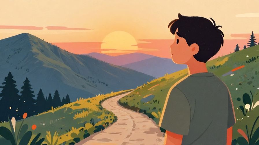 Illustration%20of%20a person looking thoughtfully at a winding path disappearing into mountains, sunset background, warm and reflective mood, vibrant colors, illustrated style