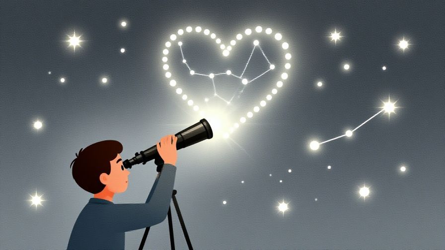 Illustration%20of%20a person looking through a telescope at a bright constellation shaped like a heart, surrounded by soft dots and stars