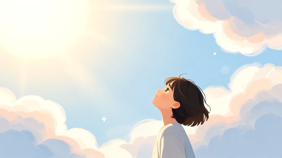 Illustration%20of%20a person looking up to a bright sky with soft clouds and sun rays, peaceful and hopeful mood, illustrated style
