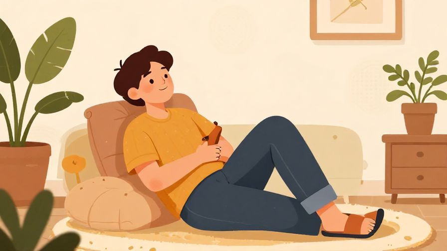 Illustration%20of%20a person lounging comfortably with a relaxed smile, surrounded by soft cushions and plants, cozy room