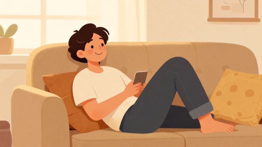 Illustration%20of%20a person lounging on a couch with a relaxed smile, warm home setting, soft lighting, illustrated style