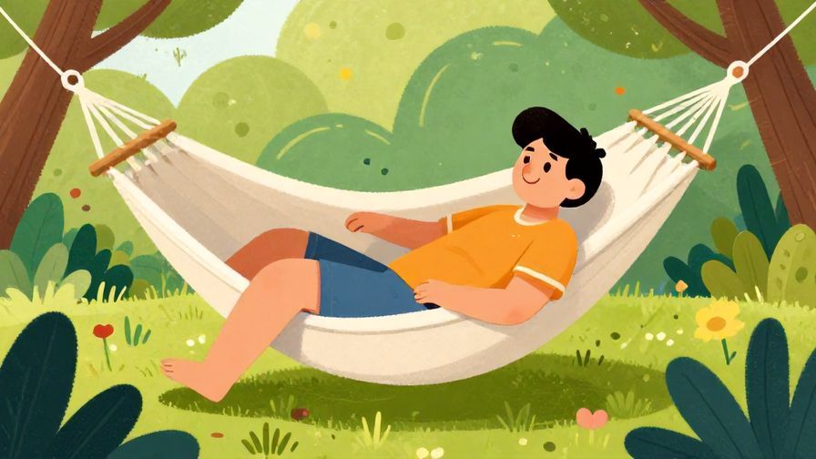 Illustration%20of%20a person lounging on a hammock with a relaxed smile, garden background, vibrant colors, illustrated style