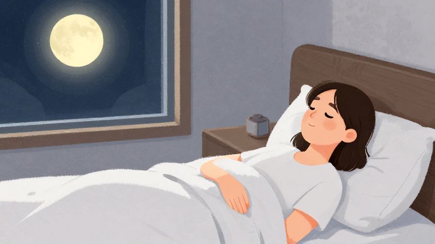 Illustration%20of%20a person lying comfortably in bed, smiling as they relax, with soft moonlight coming through the window, illustrated style