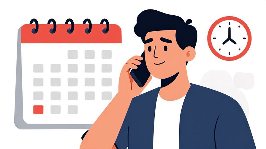 Illustration%20of%20a person making a phone call%20with%20a%20thoughtful%20expression%2C%20background%20showing%20calendar%20and%20clock%2C%20vibrant%20colors%2C%20illustrated%20style