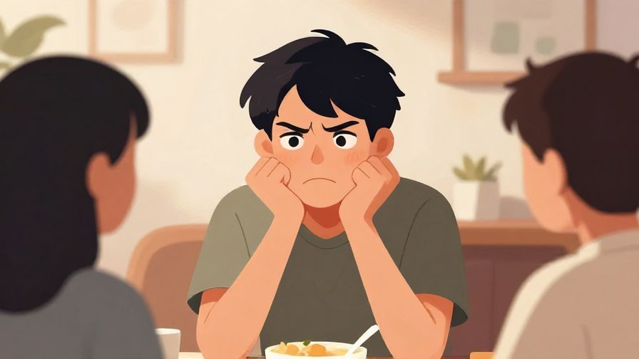 Illustration%20of%20a person making a playful annoyed face, casual indoor setting with friends chatting