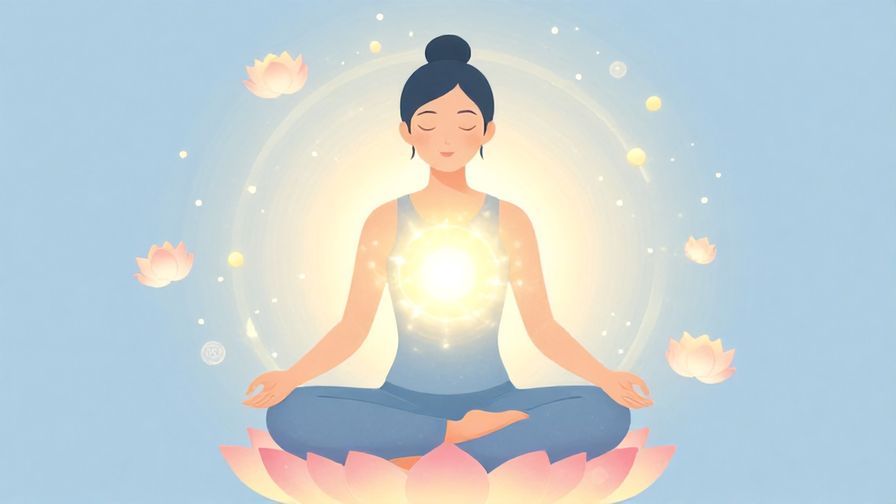 Illustration%20of%20a person meditating peacefully with glowing energy around their chest, surrounded by lotus flowers and soft dots