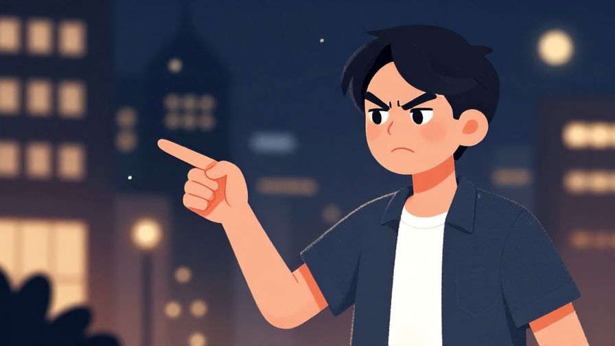 Illustration%20of%20a person mock-angrily pointing, playful scolding expression, urban nighttime vibe